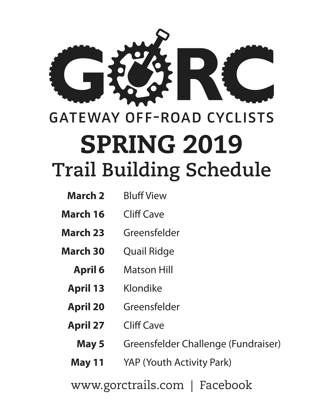 2019 Spring Trail Building Schedule